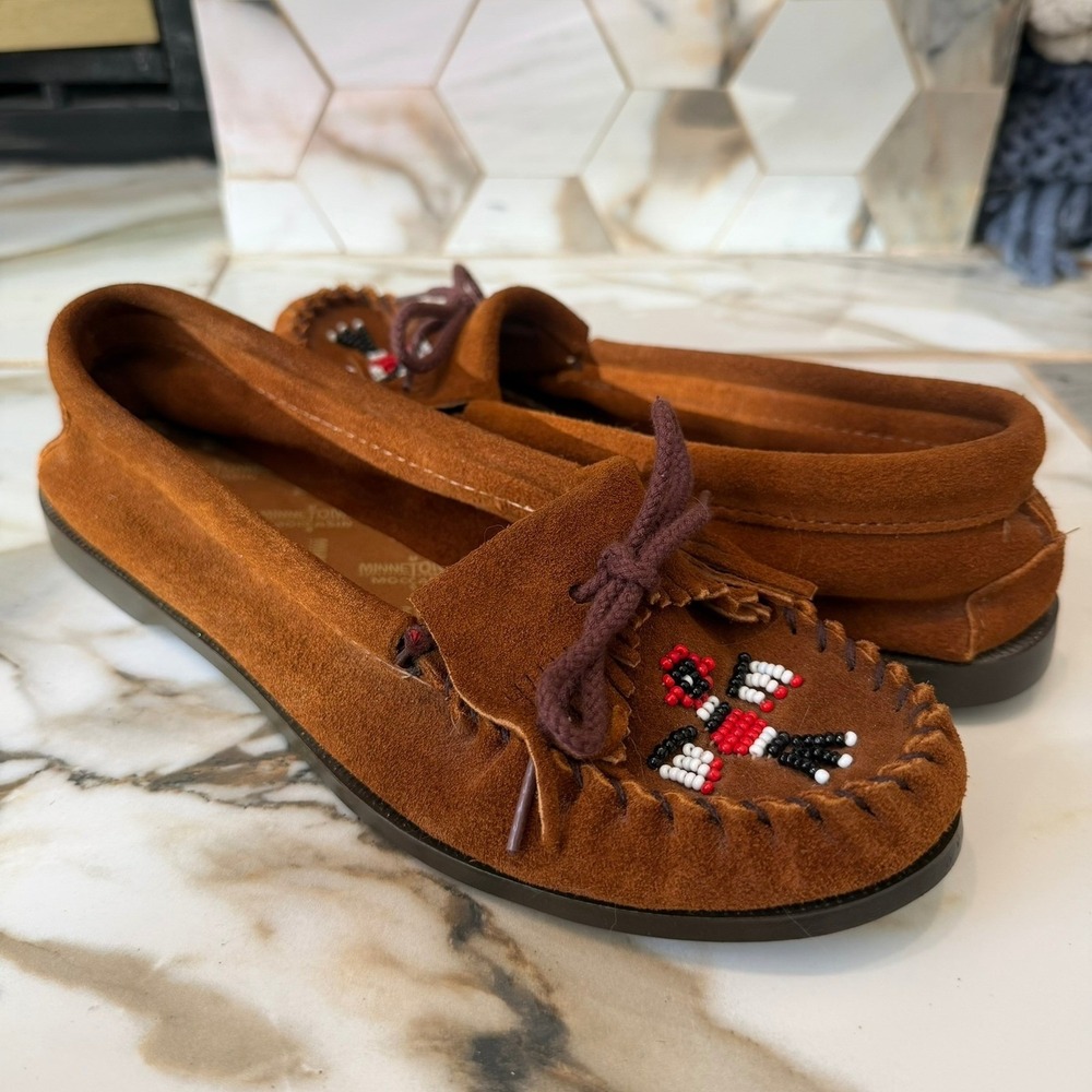 Minnetonka Thunderbird Brown Suede Beaded‎ Fringe Moccasins Shoes Womens 8.5